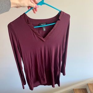 White House Black Market Long Sleeve Maroon Tee, asymmetric hem
